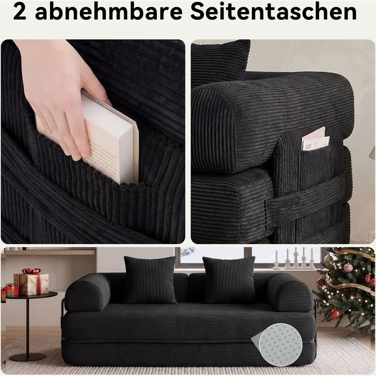 Aoxun Kordstoff Schlafsofa 200×97×70cm, 5-in-1 Umwandelbares Bodensofa, Hochdichter Schaumstoff, Haustierfreundlich, Keine Montage, Schwarz – Bild 8