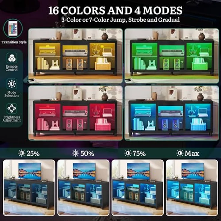 YITAHOME TV Schrank, Lowboard für 65 Zoll & kleinere TVs mit RGB LED-Beleuchtung, 148cm TV Board mit verstellbaren Glasböden, integriertes Kabelmanagement, Fernsehtisch für Wohnzimmer (Schwarz) – Bild 3