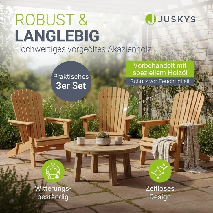 Juskys® Garten Liegestuhl Korfu 3er Set – aus Akazienholz, klappbar, 85x69x94 cm, natur, geölt, Gartenstuhl, Sonnenliege – Bild 2