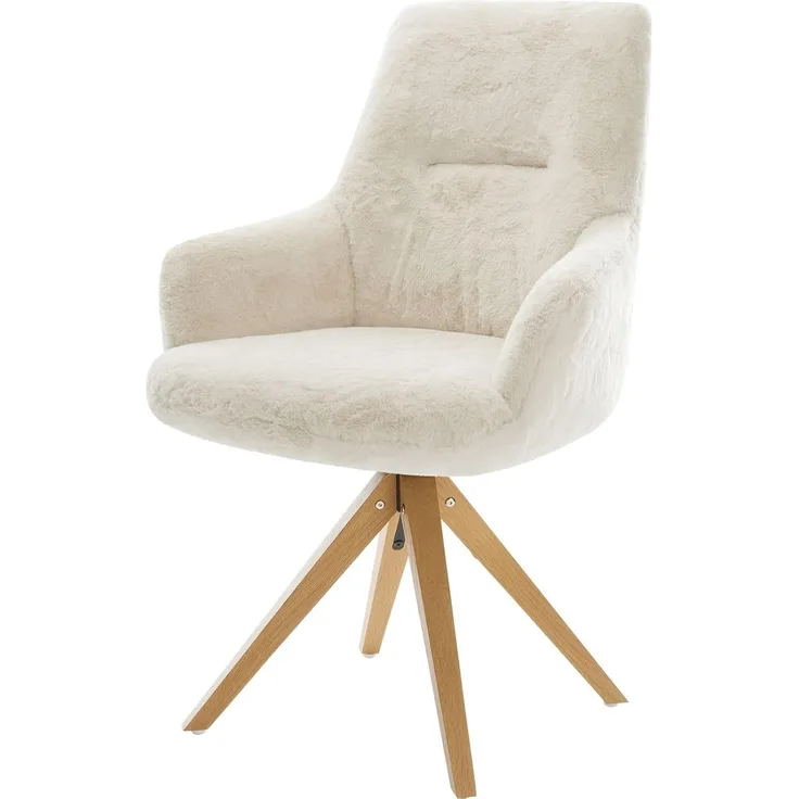 Drehstuhl Zelia-Flex mit Armlehnen Plüsch Creme-Weiß Holzgestell kantig Natur 180° drehbar Taschenfederkern