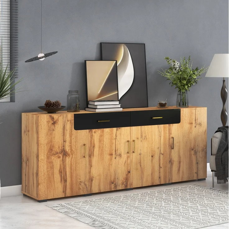 DESVIAE Sideboard mit 4 Türen und 2 Schubladen, 208x80x39,5 cm, Spanplatte und MDF, Weiß/Braun – Bild 2