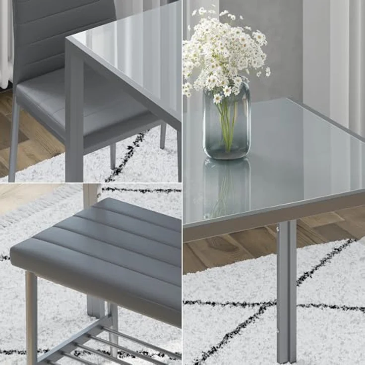 Vicco Esstisch-Set 'Grand', Rechteckig, 120x75x70 cm, Grau, Metall, mit Bänken und Stühlen aus Kunstleder – Bild 5