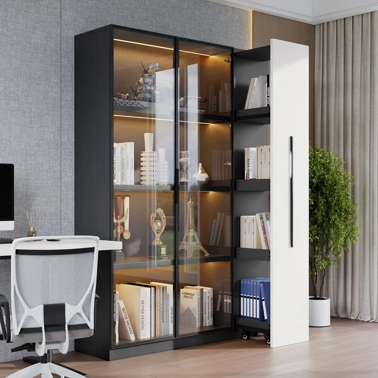 Flieks LED Vitrinenschrank 110.5×35×160 cm, Multifunktionsschrank mit Glasvitrine, Bücherregal & Aufbewahrungsschrank, Rollschrank schwarz & weiß – Bild 3