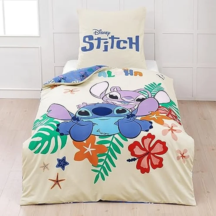 MTOnlinehandel Bettwäsche Lilo & Stitch 135x200 + 80x80 cm, 100 % Baumwolle, Renforcé, 2 teilig, Disney's Kinderbettwäsche mit Reißverschluss – Bild 1