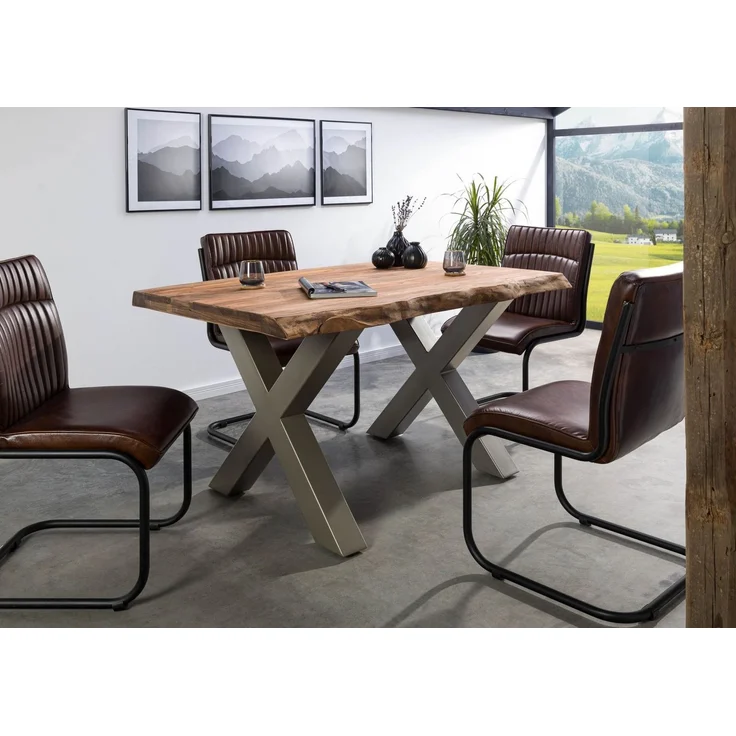 Baumtisch Sheesham 140x90x77 grau gebeizt / X-Beine silber matt FREEFORM 5 – Bild 9