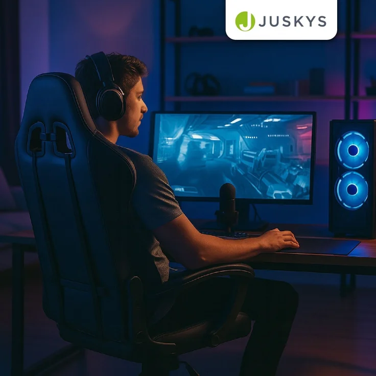 Juskys Gamingstuhl HyperSeat, verstellbare Rückenlehne, höhenverstellbarer Drehstuhl, Kunstleder, ergonomisch, für Büro & Gaming Setup – Schwarz/blau – Bild 7