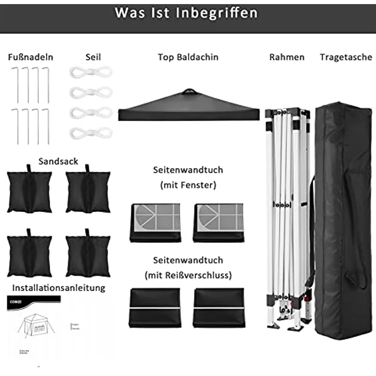 COBIZI Pavillon 3x3 m Wasserdicht Stabil Winterfest Faltpavillon Partyzelt Gartenpavillon mit Entlüftung, 4 Seitenteilen, 4 Sandsack, Höhenverstellbar, Pop up Faltbar Gartenzelt, Schwarz – Bild 7