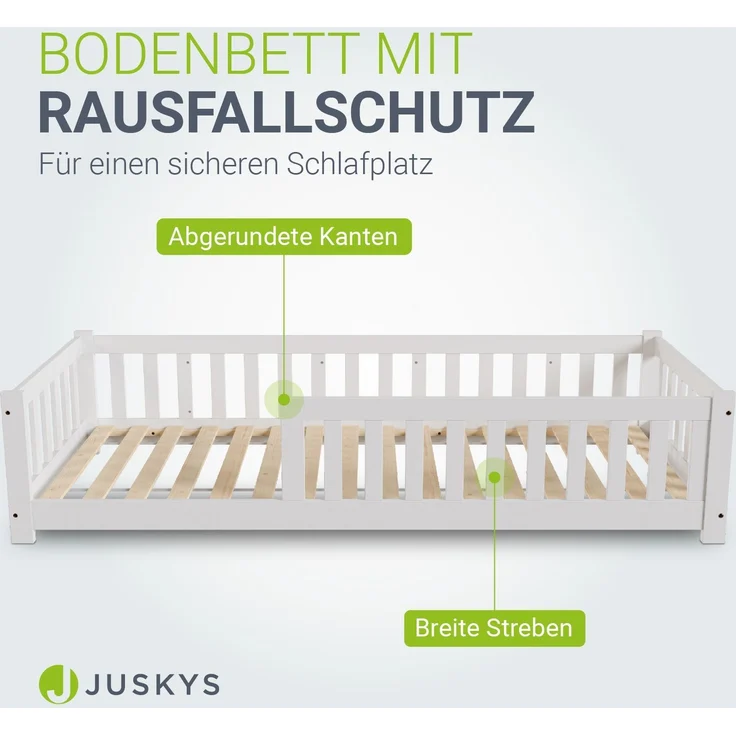 Juskys 'Naya' Kinderbett - mit Matratze, Rausfallschutz & Lattenrost - Bodenbett für Kinder 3 -10 Jahre - Holz Weiß, 90x200 cm – Bild 2