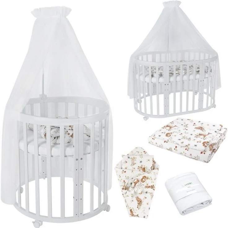 Waldin Oval Baby-Bett Mitwachsend Komplett Set 7in1, Gitterbett, Kinderbett mit Matratze, Wickelkommode, Beistellbett, Holz Weiß, Stoffe Weiß Tiere – Bild 4
