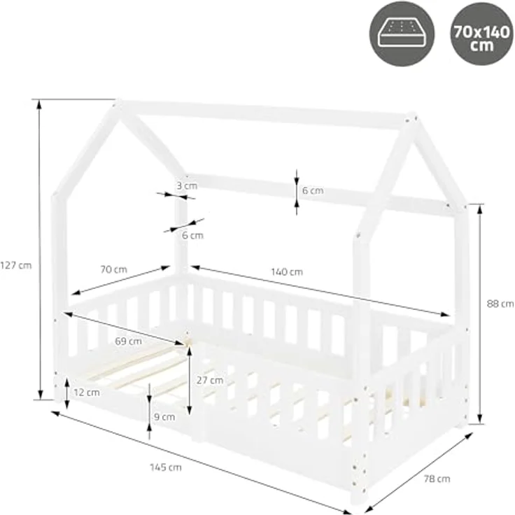 ML-DESIGN Kinderbett Hausbett Spielbett inkl. Lattenrost kreativ Bodenbett für Kinder, Abenteuerbett mit Rausfallschutz Spielbett Kiefer Weiß Himmelbett – Bild 3
