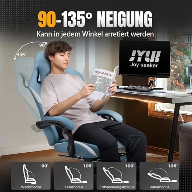 GTPLAYER Gaming-Stuhl Ergonomischer Gaming Sessel Schreibtischstuhl Gamer Stuhl aus Stoff, Federsitzkissen mit Fußstütze – Bild 8