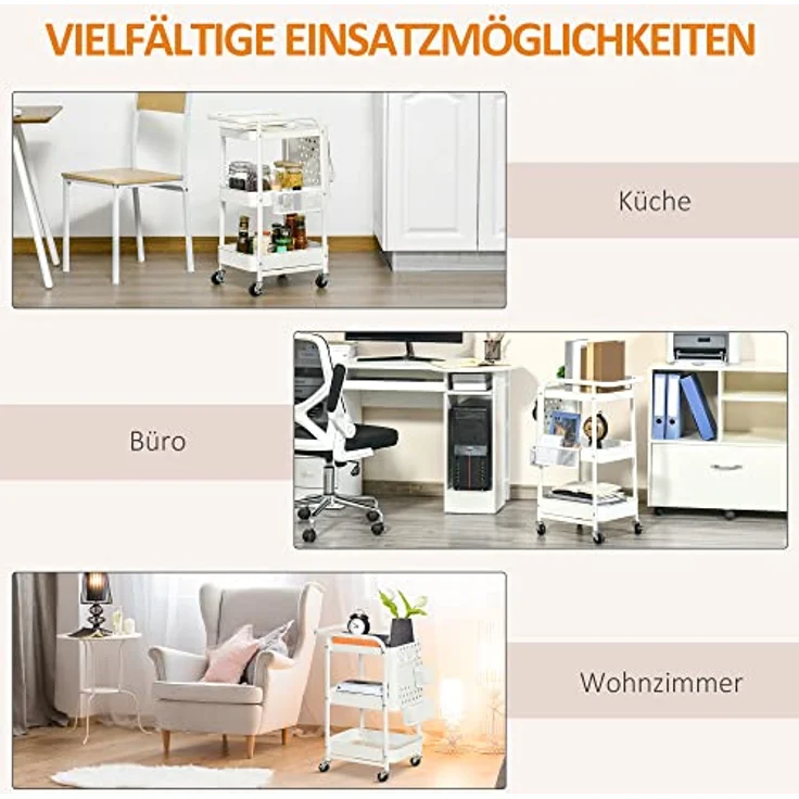 HOMCOM Servierwagen mit 3 Ebenen Küchenwagen mit Rollen Griff Rollwagen mit Haken und Korb, Küchenregal, Allzweckwagen für Küche Büro Badezimmer, Weiß – Bild 7