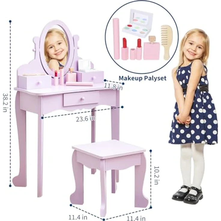 GarveeLife Schminktisch für Kinder, Schminktisch für Mädchen mit Spiegel, Hocker, Schublade, Aufbewahrungsboxen, für Kinder von 3 bis 6 Jahren, Violett – Bild 2