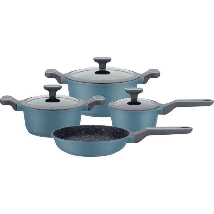 GSW Topf-Set Blue Granit, Aluminiumguss (Set, 7-tlg, Kochtopf 20/24 cm, 1 Stielkasserolle 16 cm, 1 Bratpfanne 24 cm), Induktion – Bild 1
