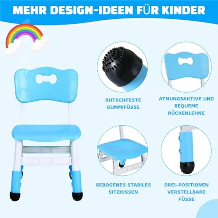 Clevich Kinder Schreibtischstuhl 2PCS, Kinderstuhl Plastik bis 100KG, Kinder Stuhl Höhenverstellbar, mit Rückenlehne, ab 2 Jahr, Schule, Kinderzimmer, Tagespflege, Kindermöbel,Blau – Bild 6