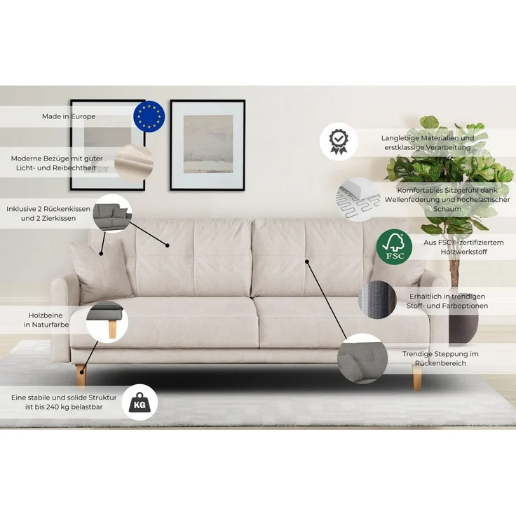 Home affaire 2-Sitzer TRIPLO mit Wellenunterfederung, Maße B/T/H: 165/100/89 cm, Sofa mit Steppung im Rückenbereich, incl. Rückenkissen und Zierkissen – Bild 2