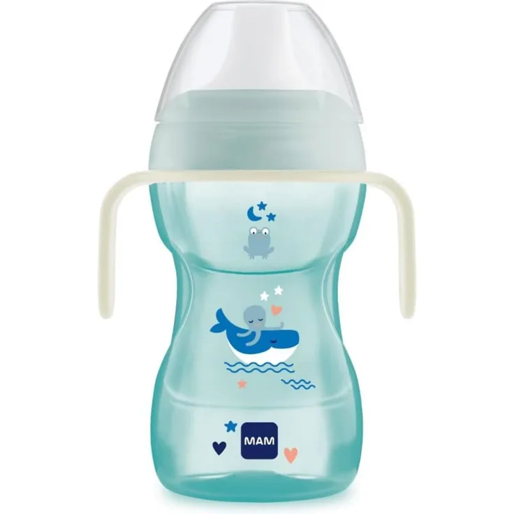 MAM, Silikon, Fun to Drink Cup Night, mit beleuchteten Griffen im Dunkeln und hartem Auslauf, 8+Monate, 270 ml Hellblau