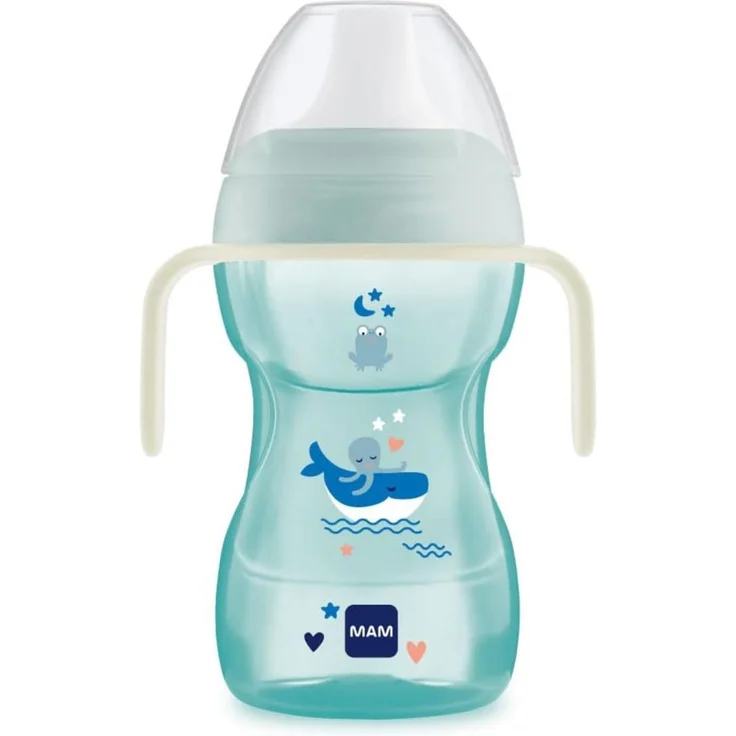 MAM, Silikon, Fun to Drink Cup Night, mit beleuchteten Griffen im Dunkeln und hartem Auslauf, 8+Monate, 270 ml Hellblau