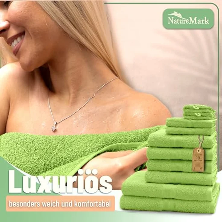 Green Mark Handtuch-Set mit 10 Teilen – 100% Baumwolle – 4 Handtücher 50×100 cm, 2 große Duschtücher 70×140 cm, 2 Gästetücher 30×50 cm und 2 Waschhandschuhe – Apfelgrün – Bild 8