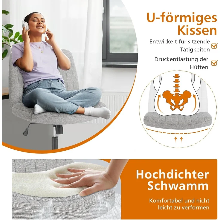 Sweetcrispy Bürostuhl Ohne Armlehnen, Schreibtischstuhl mit Stoffbezug, Lesesessel mit Breiterem Polster zum Sitzen im Schneidersitz Stuhl, Höhenverstellbar, 360° Drehstuhl für Haus, Grau – Bild 3