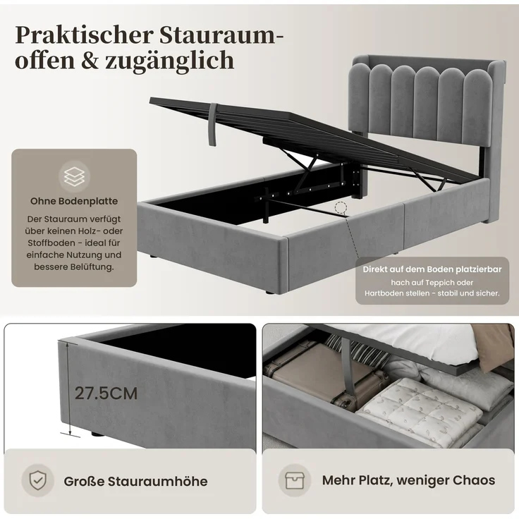 Polsterbett, Einzelbett, Kinderbett 90 x 200cm, hydraulisches Funktionsbett, Bett mit Lattenrost, gepolstertes Kopfteil, großem Stauraum und USB& Type-C-Ladestation und Leselampe, samt, grau – Bild 8