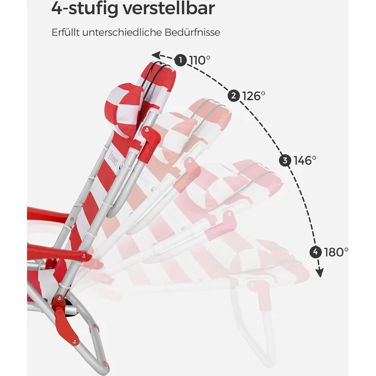 SONGMICS Strandstuhl, faltbar mit Schultergurt, verstellbarer Rückenlehne & Kopfstütze, Rot / Weiß – Bild 6