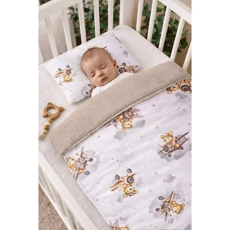 Babynest Nestchen Baby Set für Neugeborene – 5-teilig – Kuschelnest aus 100% Baumwolle & Waffelpique – Babykokon tragbar – für Babybett, Kinderbett & Kinderwagen – OEKO-TEX - Flugzeuge und Sand – Bild 4