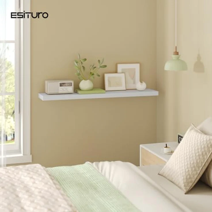 eSituro Wandregal, schwebendes Regal für Wandmontage, Schweberegal Hängeregal Wandbrett im Wohnzimmer Schlafzimmer Küche Badezimmer, weiß modern, MDF, 90 x 3,8 x 22,9 cm – Bild 5