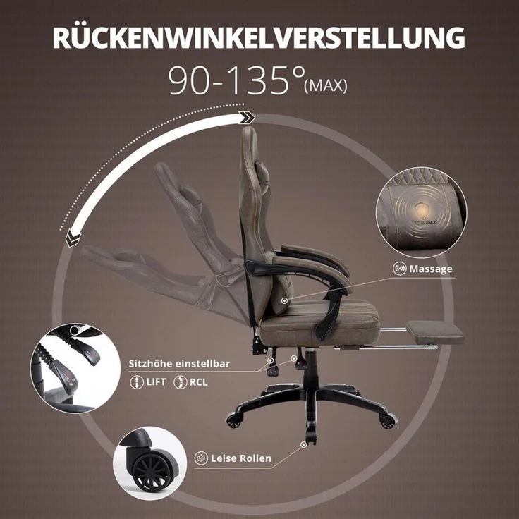 Dowinx Gaming-Stuhl mit Frühling Kissen,Racing Gamer Stuhl mit Massage Lendenwirbelstütze (Packung), Ergonomischer Gaming Sessel mit Fußstütze Bürostuhl PU Leder – Bild 3