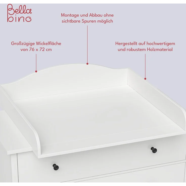 Bellabino 'Oti' Wickelaufsatz für IKEA Kommode Malm, Hemnes, Nordli, weiß, 16,5 x 74 x 80 cm – Bild 4