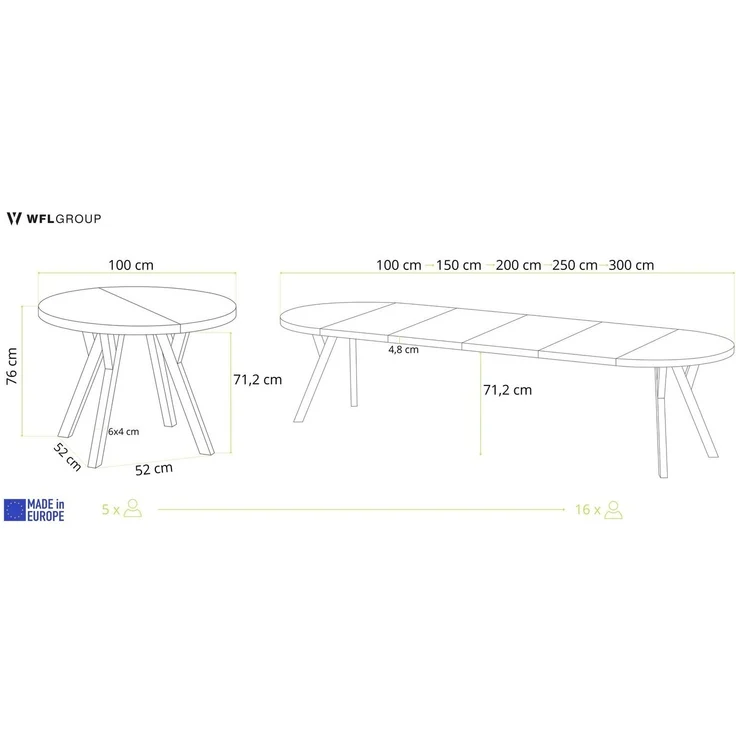 WFL GROUP Esstisch Twixy ausziehbar rund industrial mit schwarzen Holzbeinen (MADE IN EU, erhältlich in 2 Größen – Durchmesser 100 cm, ausziehbar auf 250/300 cm), XXL groß extra lang Ausziehtisch für 5-16 oder 5-14 Personen – Bild 2