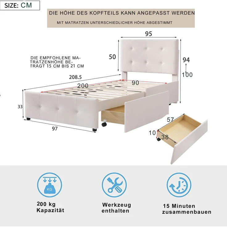 EINHOM Polsterbett 90 x 200 cm Bett mit Lattenrost, Rückenlehne und Zwei Schubladen, Hautfreundlicher Samtstoff Beige Flaches Einzelbett Kinderbett Jugendbett Gästebett, (Ohne Matratze) – Bild 2