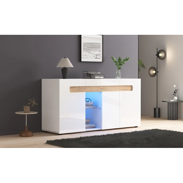 ZUBALIYA Sideboard 140x40x70 cm, mit LED-Beleuchtung, mit App-Steuerung, Hochglanz, aus Spanplatte, Weiß / Natur – Bild 24