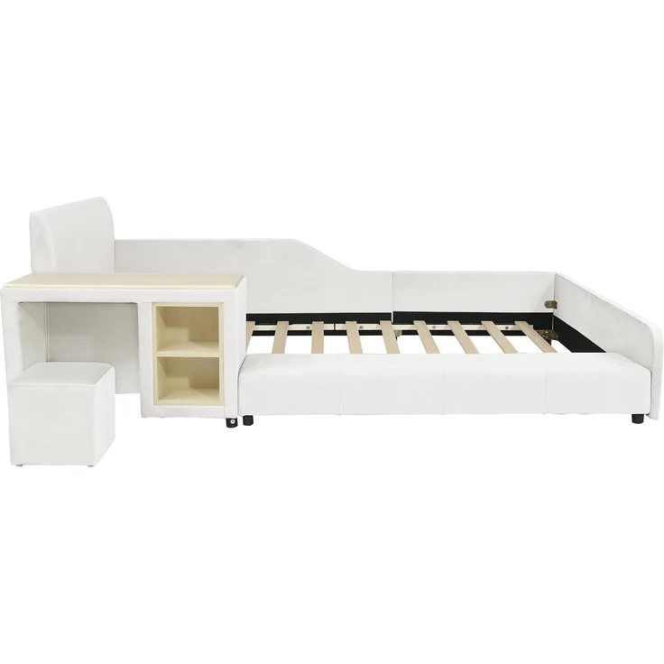 Polsterbett, Einzelbett mit Kinderschreibtisch und Hocker, Mit Ablageboden, Weiches Kopfteil, Kinderbett mit Holzlatten, Samt, Weiß, 90x200 cm – Bild 10
