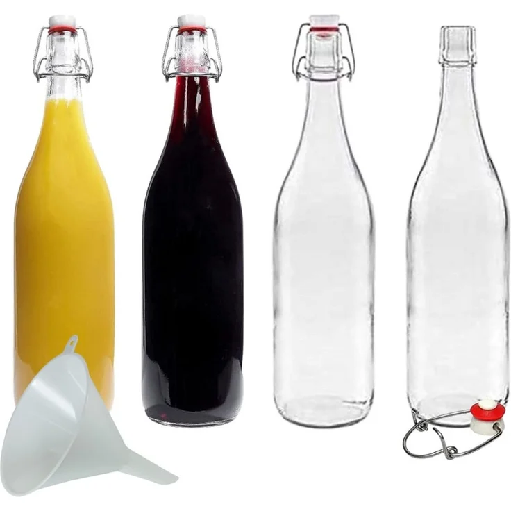 mikken Trinkflasche 4er Set Glasflasche 1 Liter mit Bügelverschluss mit Trichter, Inhalt 1000 ml Bügelverschluss aus Porzellan inklusive Einfülltrichter – Bild 1