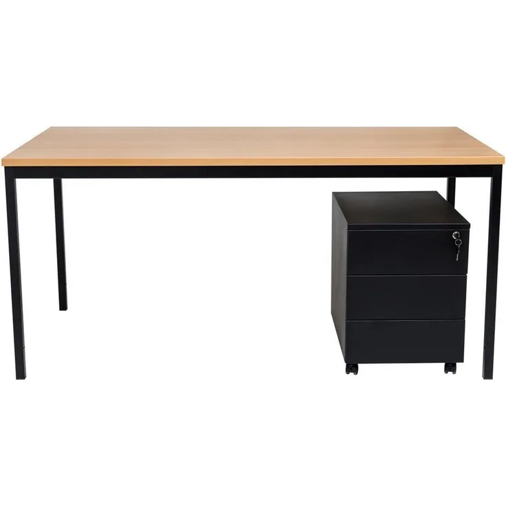 Schreibtisch und Stahl Rollcontainer, 3 Schübe, Buche, 160x80x75 cm