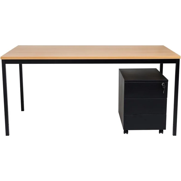 Schreibtisch und Stahl Rollcontainer, 3 Schübe, Buche, 160x80x75 cm – Bild 1