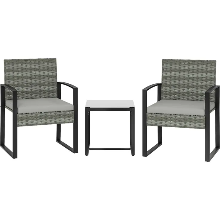 Gartenmöbel-Set 3-teilig mit Kunststoff-Rattan, Glastisch, 55x58x76 cm, Hellgrau