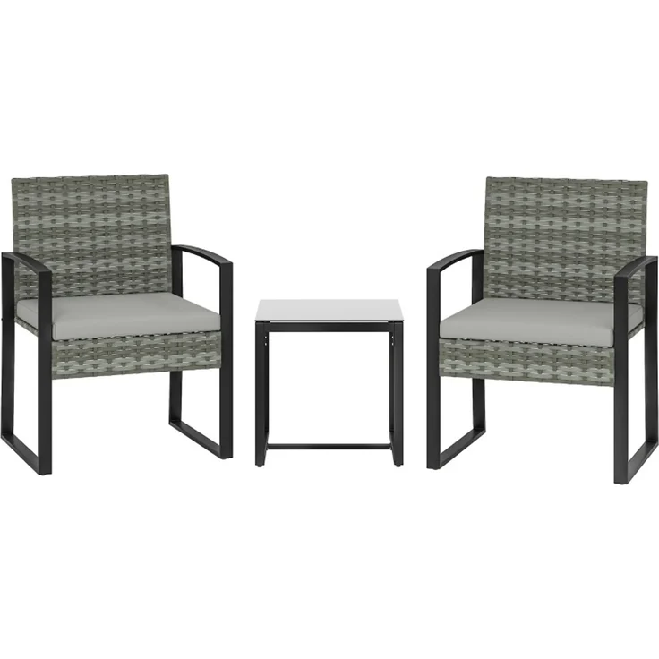 Gartenmöbel-Set 3-teilig mit Kunststoff-Rattan, Glastisch, 55x58x76 cm, Hellgrau – Bild 1