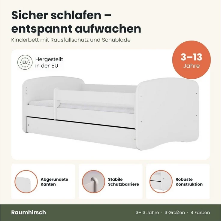 Raumhirsch Furniture Kinderbett 70x140, 80x160, 80x180 cm - Komplettset mit Matratze & Schublade (Bett für Mädchen, Einzelbett Kinder 2–12, mit Rausfallschutz & Lattenrost), verschiedene Farben & Designs – Bild 3