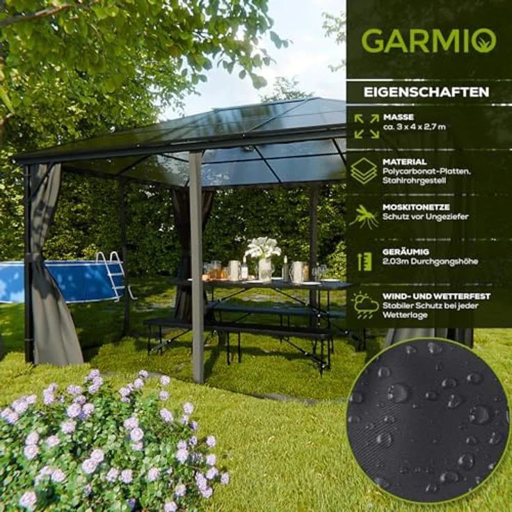 GARMIO Pavillon Rom, Metallgestell mit 4 Säulen, Schwarz, wasserdicht, UV-Schutz, mit Vorhang und Mückennetz, 3x4m, 2,7m Höhe, inklusive Montagezubehör – Bild 2