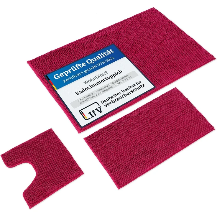 WohnDirect Badematten Set 3 teilig Pink • WC Vorleger (45x45 cm), Badematte (50x80 cm,70x120 cm) • rutschfest waschbar Badezimmerteppich MIT WC-Ausschnitt – Bild 1