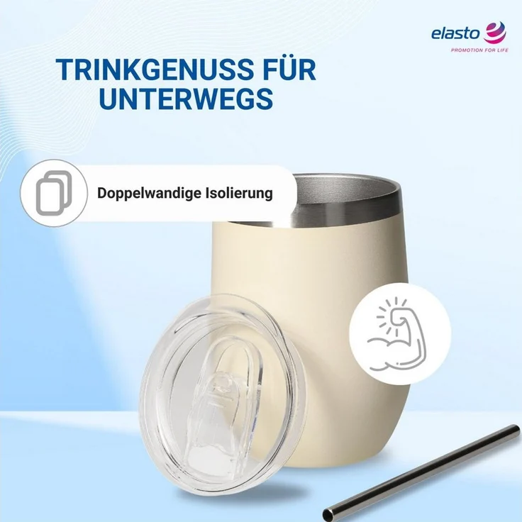 elasto Becher Weinbecher 350 ml Vinova Edelstahl Trinkbecher inkl. Strohhalm, robust, spülmaschinengeeignet, Sommer, Geschenk – Bild 3
