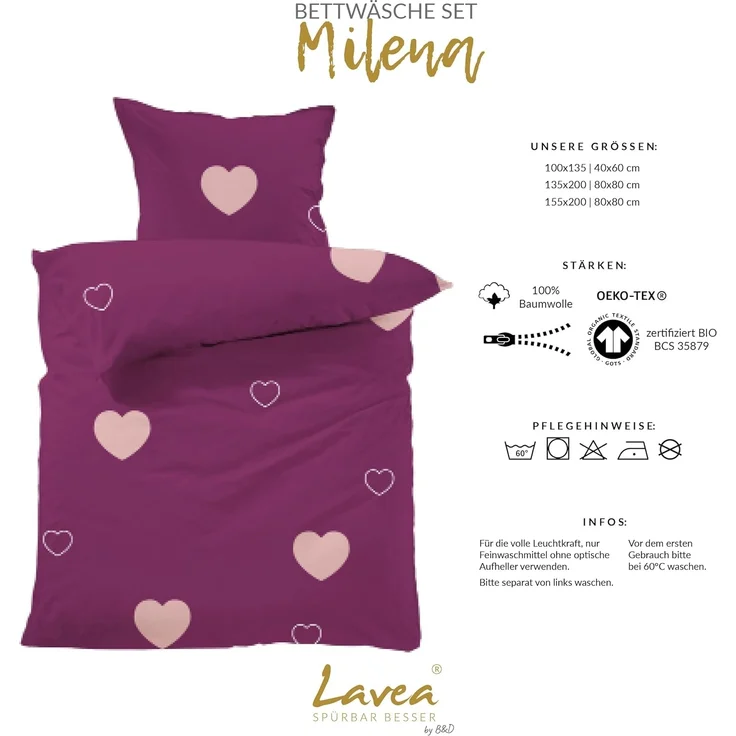 Lavea Kinderbettwäsche Bettwäsche Kinder Herzen Set, mit Reißverschluss, mit Herzmotiv, 100% Baumwolle, 2 teilig, weiche Bezüge für Bettdecke und Kopfkissen – Bild 3