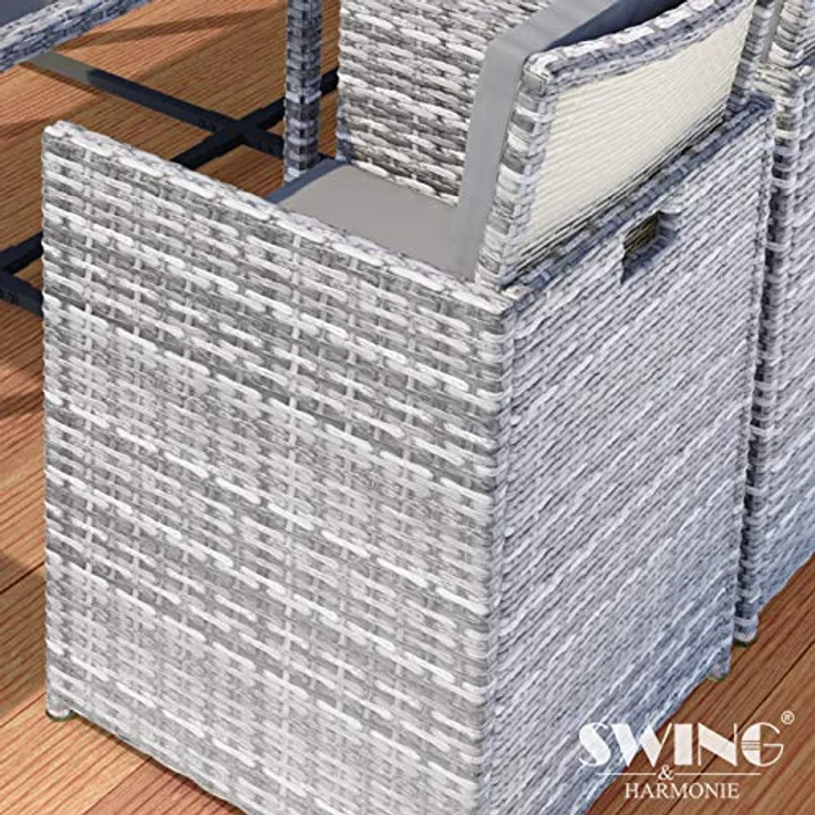 Swing&Harmonie Garten-Essgruppe Poly Rattan Sitzgruppe Esstisch Lounge Gartenmöbel, (Sitzgarnitur, Tisch, Stühle, Hocker Garnitur Set) – Bild 3