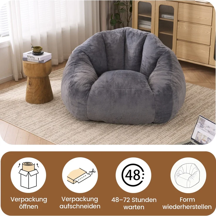 Sitzsack für Erwachsene, flauschiger Loungesessel aus Kunstfell, vakuumverpackt und montagefrei, für Wohnzimmer, Schlafzimmer, Balkon - Groß(Hellgrau)--Herde--111x123x75cm--YOUDENOVA – Bild 2
