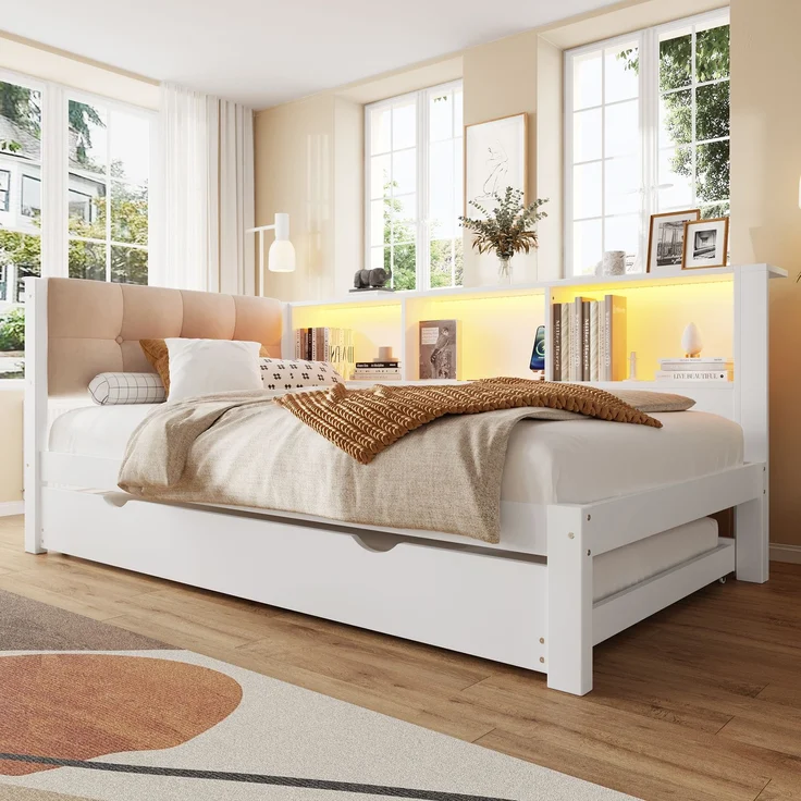 Merax Daybett, Tagesbett, Schlafsofa, 90x200cm, Einzelbett(Ohne Matratze), mit ausziehbarem Bett, mit dimmbarer LED-Leiste, mit praktischem Regal, mit USB-Anschluss, 90x200cm, Kiefernholz, Weiß – Bild 8