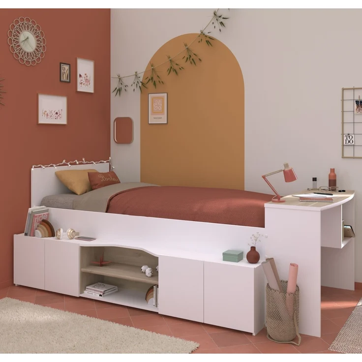 Hochbett >Cleo 1< Stauraum, Liegefl. 90x200, Weiss / Eiche Dekor - 241x116x90cm (LxBxH) – Bild 4