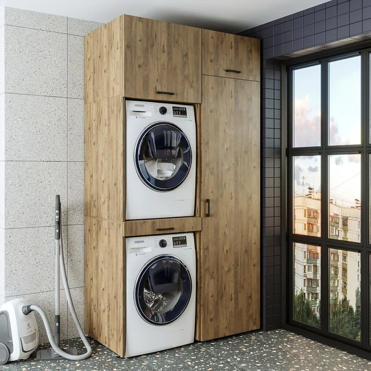 Roomart Waschmaschinenschrank & Trocknerschrank – SERIE DUO-I- 127 cm breit - Trockner auf Waschmaschine – Waschturm / Überbauschrank für Waschküche & Hauswirtschaftsraum • Eiche – Bild 2