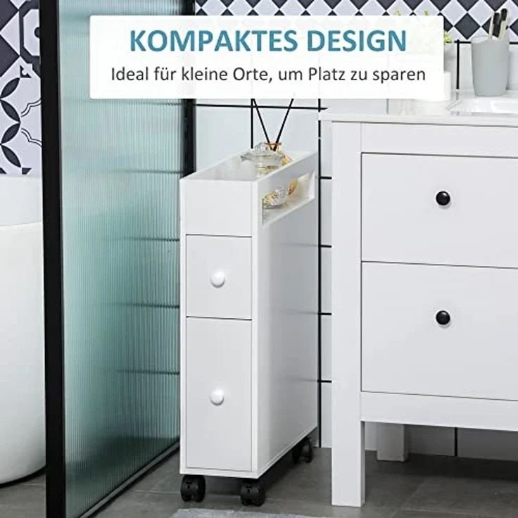 kleankin Badezimmerschrank mit Rollen, Nischenschrank mit 2 Schubladen, Badschrank mit offenem Fach, Badrollwagen, für Bad, 16 x 49,5 x 66 cm, Weiß – Bild 6